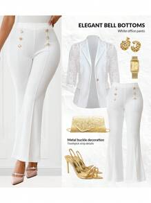 Fleurora 秋冬季秋季衣服优雅女士白色女裤女士纯色金属纽扣装饰优雅九分裤秋季女装 - 白色 - 查看 7