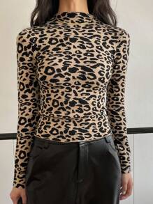 DAZY 女式豹纹漏斗领修身套头毛衣猎豹印花，秋季服装高领衫女式 - 棕色 - 查看 3