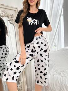 可爱奶牛印花短袖和七分裤女士睡衣套装 - 黑色 - 查看 1