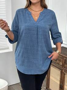 EMERY ROSE Camicetta casual con scollo a V e maniche arrotolate, tinta unita, adatta a donne curvy, per la primavera, l'autunno e l'estate - Blu - Visualizzare 2