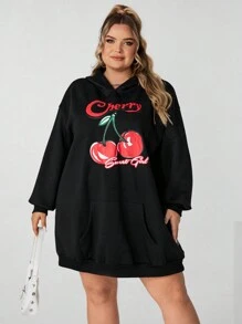 SHEIN CURVE+ 加大码樱桃印花长款卫衣（带口袋），休闲可爱 - 黑色 - 查看 6