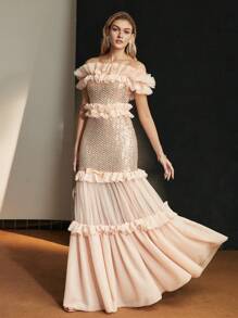 MOTF Soiréza MESH AND SEQUINS OFF SHOULDER RUFFLE TRIM MAXI COCKTAIL DRESS - Apricot - View 5