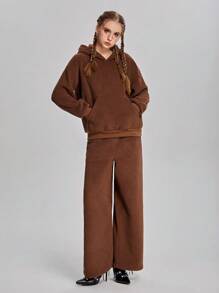 SHEIN 青少年女孩纯色袋装落肩休闲泰迪羊毛连帽衫和宽腿裤配围巾，2 件套 - 咖啡棕 - 查看 8