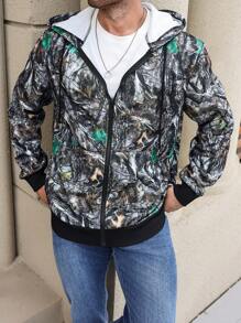 Manfinity Homme Men's Plus Size Spring/Fall Branch Print Zip-Up Hooded Casual Sweatshirt