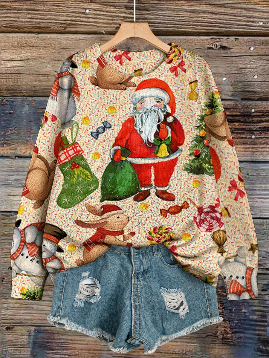 EMERY ROSE Plus Size Women's Christmas Tree Pattern Loose Casual Long Sleeve Sweater, Autumn And Winter Knit Pullover Fall - Multicolor - View 1