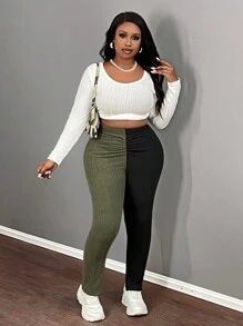Slaydiva Plus Size Casual Home Simple Front Ruched Contrast Color Fitted Fuzzy Pants, Autumn Winter - Multicolor - View 6