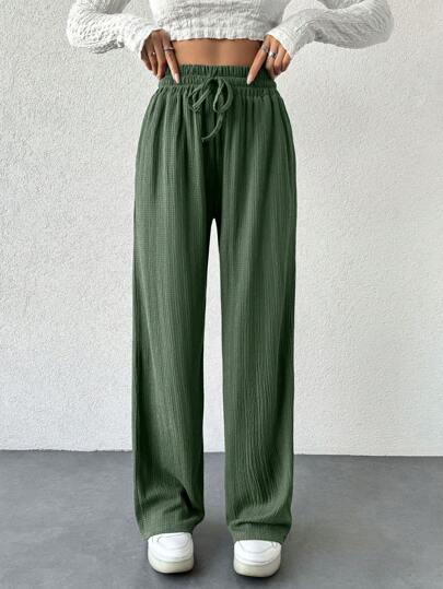EURMUSE Ladies Casual Elastic Waist Drawstring Loose Wide Leg Pants