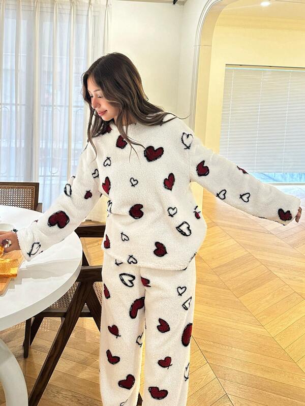 SHEIN 2pcs/Set Teen Girls White & Red Heart Pattern Round Neck Long Sleeve Pajama Set With Pants, Fluffy Fleece Loungewear For Christmas
