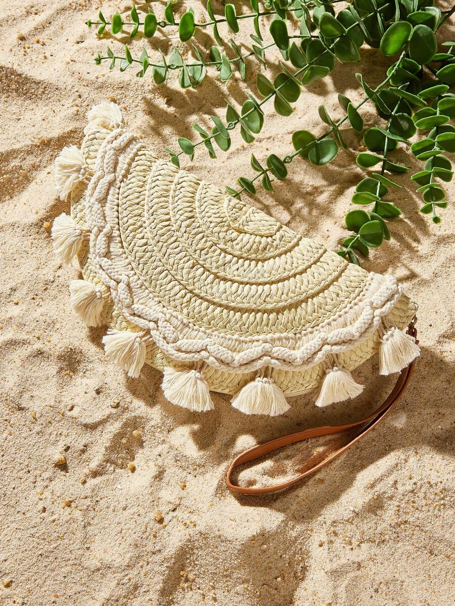 SHEIN VCAY 休闲草编半圆形腕包 - 米色 - 查看 1