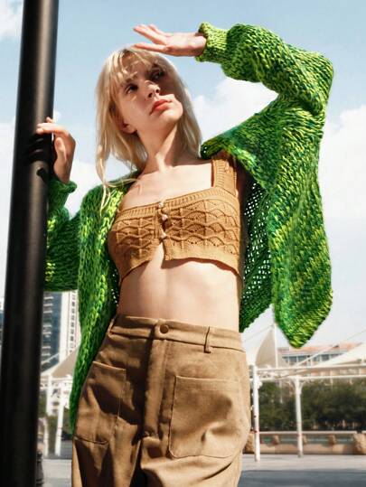 Skyraze Women's Oversized Knit Cardigan Sweater, Hand-Crocheted