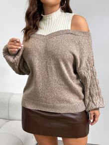 SHEIN Privé Plus Size Women Contrast Color Knitted French Style Apricot Pullover Sweater - Multicolor - View 4