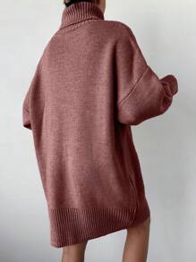 EURMUSE Women's Casual Solid Color High Neck Batwing Loose Knitted Sweater Dress - Lilac Purple - View 2