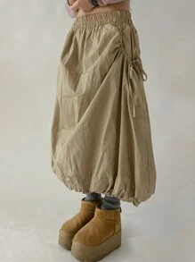 DAZY Women's Elastic Waist Ruffle Skirt With Drawstring, Flowy Casual Skirt, Spring/Summer Low Rise - Khaki - View 1