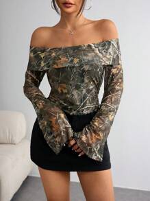 SHEIN EZwear Knitted Mesh Print Off-Shoulder Long Sleeve Slim Fit Blouse For Women - Coffee Brown - View 1