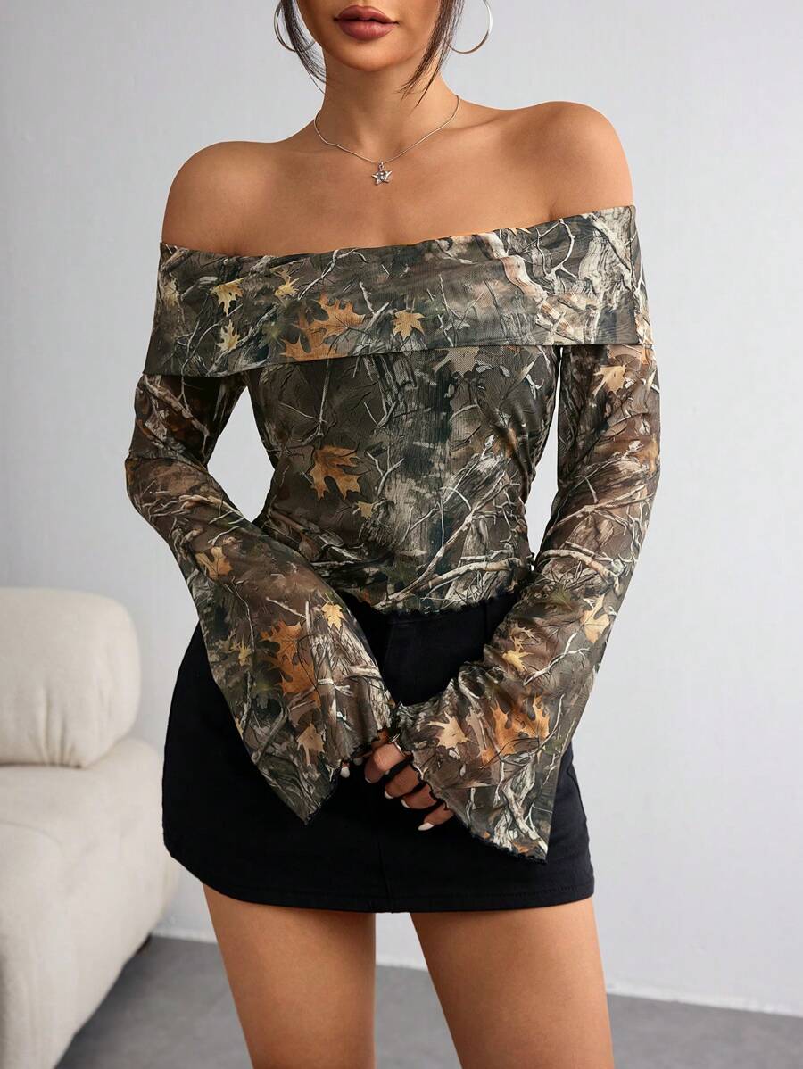 SHEIN EZwear Knitted Mesh Print Off-Shoulder Long Sleeve Slim Fit Blouse For Women - Coffee Brown - View 1