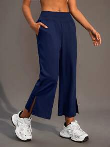 SHEIN Sports Women Solid Color Pocket Side Slit Hem Casual Fitness Sports Pants - Navy Blue - View 3