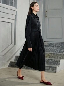 SHEIN Privé Tie-Up Waist Design Long Sleeve Pleated Shirt Dress For Women, Autumn Fall Cloth For Women - Black - View 5