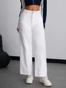 SHEIN PETITE Jeans casuales versátiles, sueltos y de pierna ancha con bolsillos para mujeres