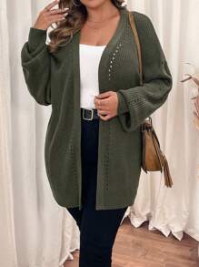 SHEIN LUNE 秋冬大码女式纯色休闲长袖开衫 - 軍綠色 - 查看 7
