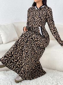 Veilorie 女士豹纹口袋长袖连帽休闲长袍端庄连衣裙 - 卡其色 - 查看 5
