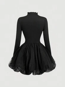 SHEIN MOD 女士黑色复古可爱网眼撞色泡泡裙，亡灵节服装黑色高领衫