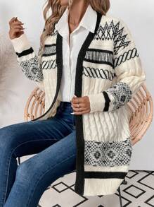 SHEIN Clasi Retro Oversized Color Block Jacquard Knit Cardigan Sweater