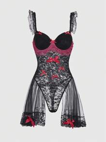 Sweetness Gothic Dark Sexy Ruffle Trim Bow Romper Bodysuit - Multicolor - View 1