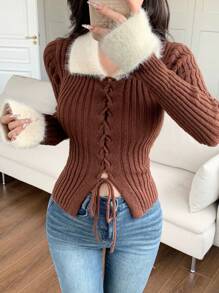Modelyn Women's Contrast Color Fluffy Lace-Up Long Sleeve Sweater - Brown - View 1