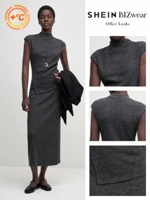 BizChic 2 件套女士休闲通勤针织上衣和裙子套装，优雅毛衣连衣裙工作制服，秋冬 - 深灰色 - 查看 11