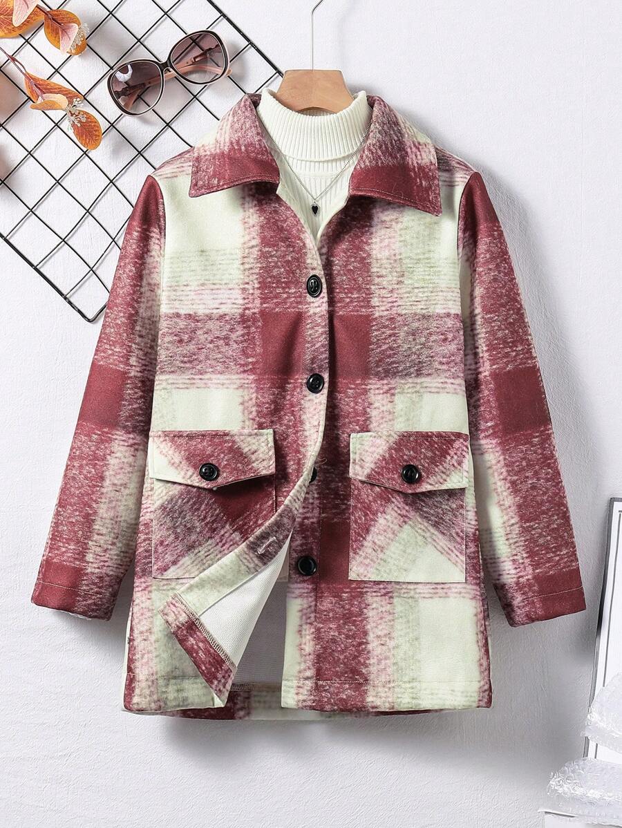 Tween Girls Burgundy Plaid Woolen Shirtdress Casual Coat For Autumn Winter - Burgundy - View 1