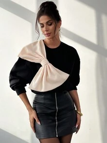 Firerie 女士宽松蝴蝶结优雅休闲工作运动衫，温暖秋冬 - 黑色 - 查看 2