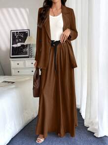 Chiquease Women Spring & Autumn Solid Color Lapel Long Sleeve Blazer Jacket And A-Line Skirt 2pcs Set, Elegant - Brown - View 3