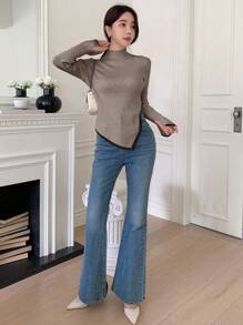 DAZY Women's Casual Color Block Asymmetric Hem Sweater, Autumn