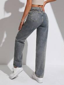 SHEIN PETITE 女士休闲秋季斜口袋直筒牛仔裤 - 中等水洗藍 - 查看 2