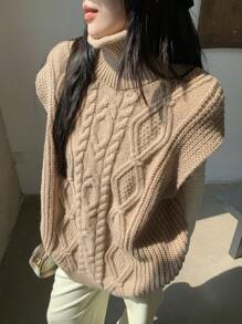 DAZY Áo len dệt kim xoắn cổ cao không tay màu trơn dành cho nữ mùa thu đông - Màu Khaki - Xem 4