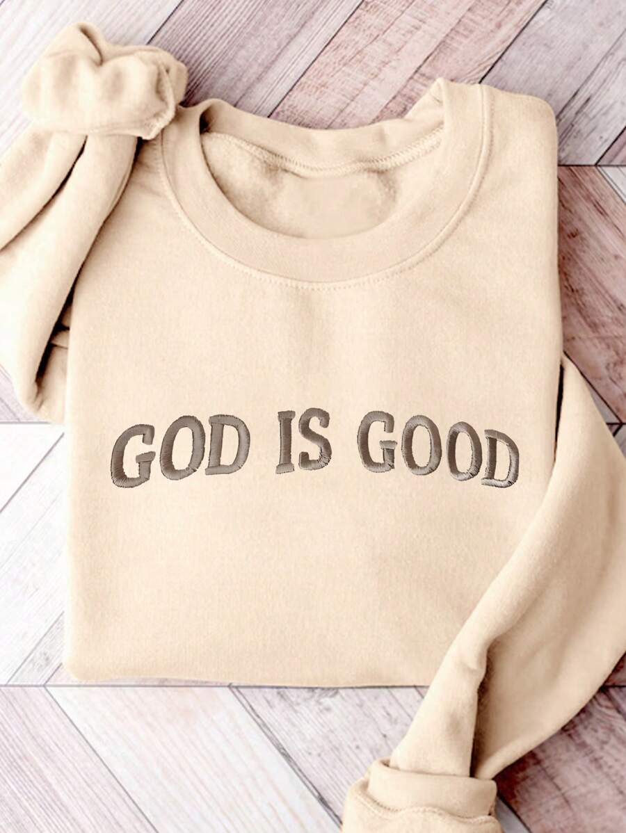 INAWLY Plus Size Embroidery Slogan Pattern Crew Neck Long Sleeve Sweatshirt Pullover Fall Winter Autumn - Apricot - View 1