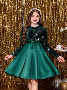 Tween Girl Shiny Contrast Sequin Satin Puff Dress, Green, For Christmas - Green - View 4
