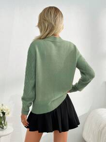 EURMUSE Mock Neck Faux Pearl Detail Pointelle Knit Sweater - Green - View 2