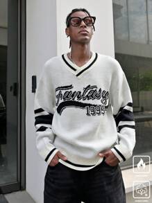 Manfinity EMRG Suéter cómodo y oversize de manga larga con diseño de rayas, impresión de letras y números, y cuello en V para hombres - Multicolor - Ver 1