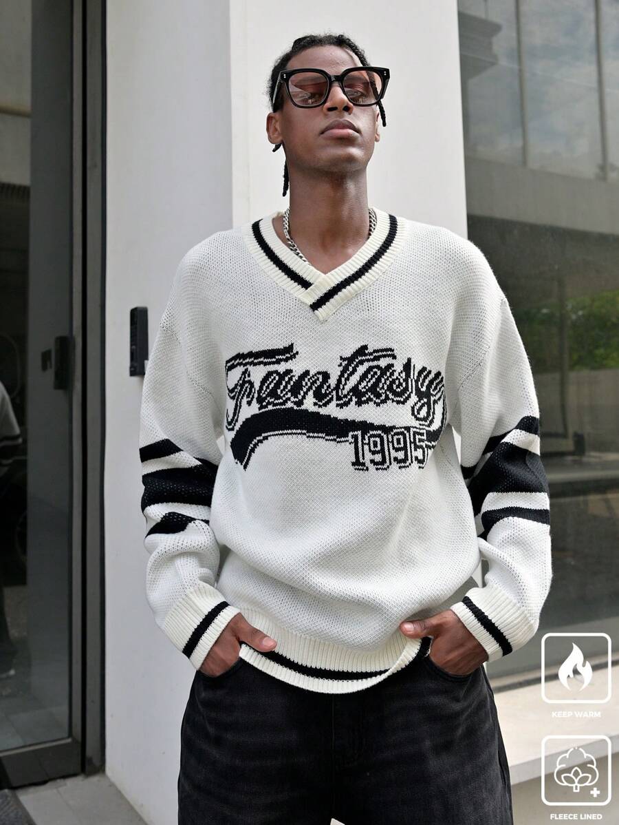 Manfinity EMRG Suéter cómodo y oversize de manga larga con diseño de rayas, impresión de letras y números, y cuello en V para hombres - Multicolor - Ver 1