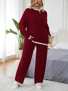 Calvaya 大码女式拼色圆领落肩长袖毛衣和针织裤休闲套装，秋冬新年衣服 - 紅色 - 查看 3