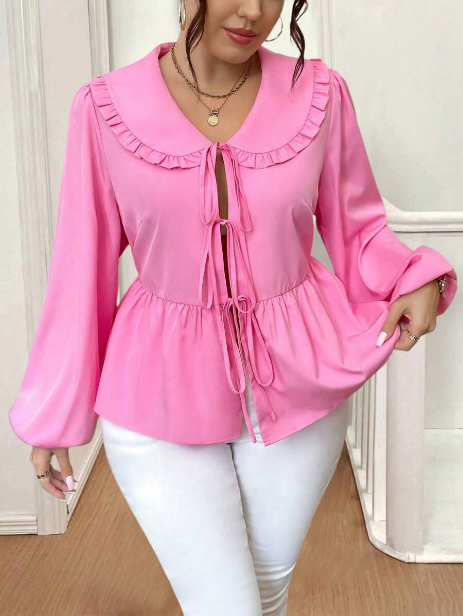 Celure 大码休闲荷叶边领系带灯笼袖衬衫女式衬衫 - 粉色 - 查看 1