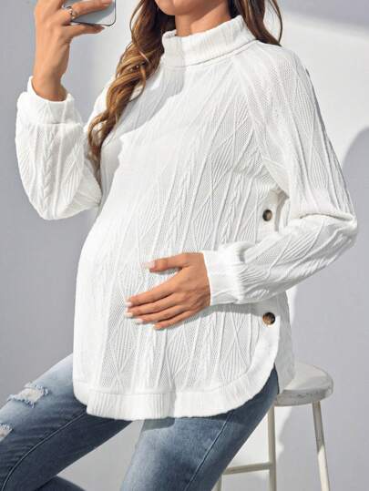 SHEIN 妊婦用 ラウンドネック 長袖 ニット ソリッド サイドボタンナーシングトップ、ホワイト、ベビーシャワー、フォーマルディナー、冬用に適しています