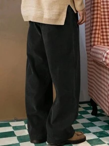 Claim Dot Men Slant Pocket Wide Leg Corduroy Pants Without Belt, For Fall Winter - Black - View 2