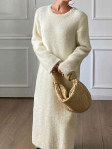 DAZY Casual Solid Color A-Line Sweater Dress For Women,Fall Clothes - White - View 5