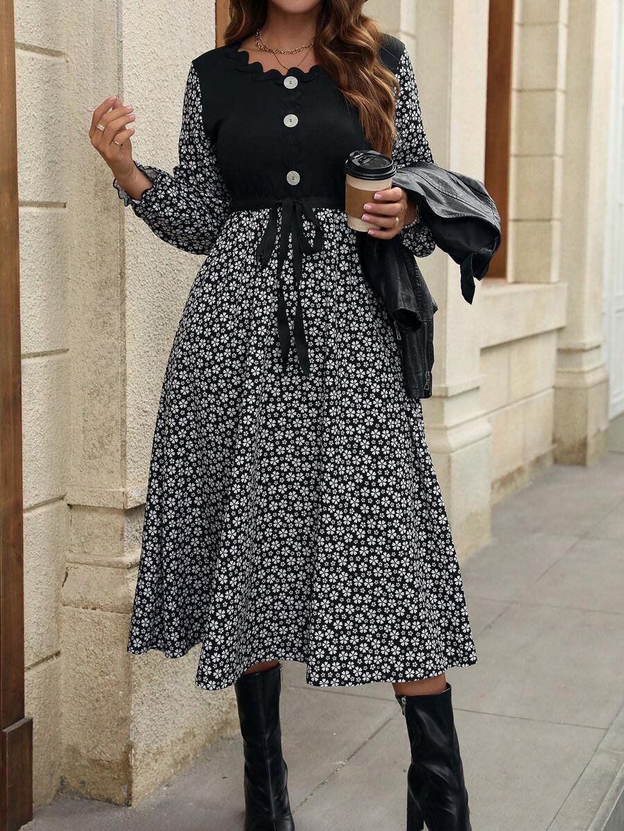 SHEIN LUNE 加大码碎花荷叶边袖贝壳边收腰连衣裙长款女装 - 黑色 - 查看 1