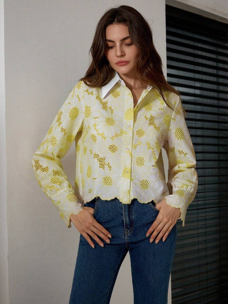Aveloria Rosie Color Block Shirt, Pointed Collar, Random Sunflower Embroidered, Elegant Design Blouse
