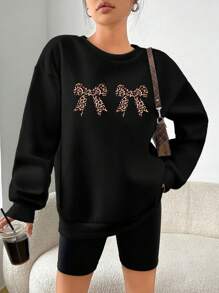 SHEIN EZwear Áo nỉ chui đầu cổ tròn màu đen họa tiết da báo tối giản, nhẹ nhàng, thoải mái dành cho nữ vào mùa thu/đông - màu đen - Xem 4