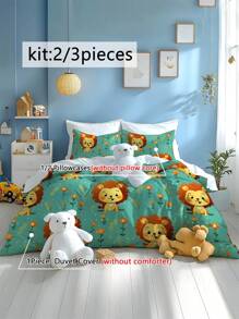 2/3 件可爱狮子图案印花水洗羽绒被套装，柔软舒适，适用于卧室、客房、儿童房、亲子房、酒店、学校宿舍、儿童床上用品套件（带枕套）