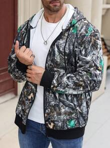 Manfinity Homme Men's Plus Size Spring/Fall Branch Print Zip-Up Hooded Casual Sweatshirt